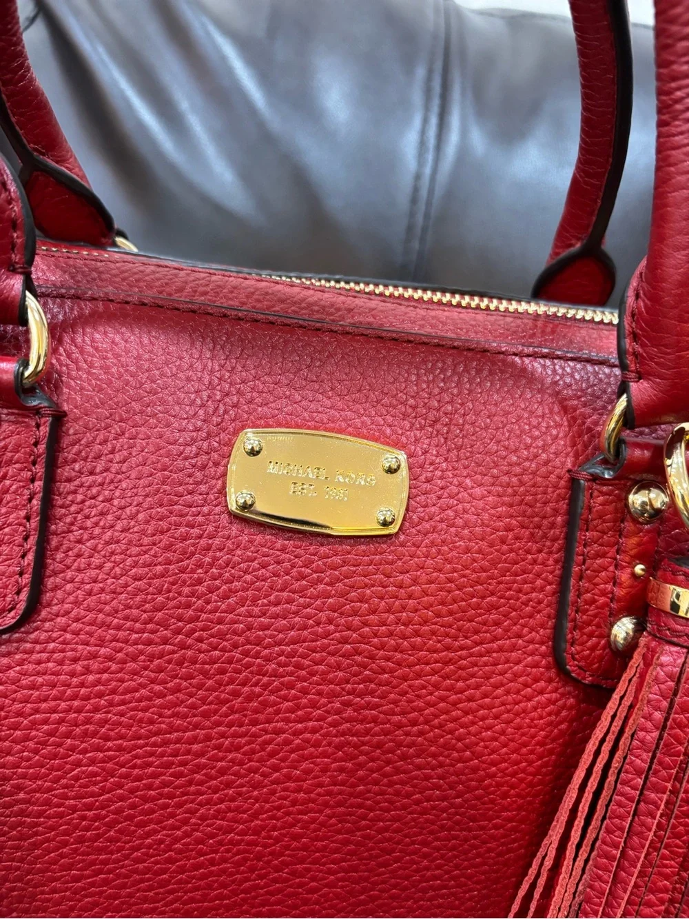 NWT Michael Kors Red Sandrine Pebbled Leather Satchel Handbag with Tassel $398